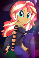 Size: 1615x2397 | Tagged: safe, artist:artmlpk, derpibooru import, sunset shimmer, equestria girls, adorable face, adorasexy, adorkable, alternate hairstyle, beautiful, black dress, clothes, costume, cute, digital art, dork, dress, female, hair, halloween, hat, holiday, sexy, shimmerbetes, socks, solo, thigh highs, thighs, watermark, witch, witch hat