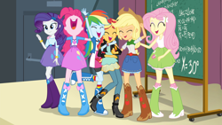Size: 1920x1080 | Tagged: safe, derpibooru import, screencap, applejack, fluttershy, pinkie pie, rainbow dash, rarity, sunset shimmer, equestria girls, friendship games, boots, bracelet, chalkboard, clothes, cute, equation, eyes closed, happy, hug, humane five, jewelry, laughing, open mouth, shoes, skirt