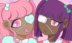 Size: 1024x622 | Tagged: safe, artist:lolitablue, derpibooru import, oc, human, bust, clothes, dark skin, duo, eyepatch, female, humanized, lipstick, siblings, sisters