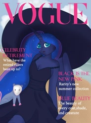 Size: 1280x1741 | Tagged: safe, artist:lolitablue, derpibooru import, princess luna, tiberius, alicorn, anthro, opossum, clothes, dress, ethereal mane, female, hat, magazine cover, sitting, starry mane, sun hat