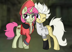 Size: 691x500 | Tagged: safe, artist:badhthebrad, artist:cdv, derpibooru exclusive, derpibooru import, oc, oc only, oc:azha magna, oc:spicy flavor, earth pony, pony, unicorn, clothes, costume, cute, female, halloween, halloween costume