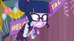 Size: 1920x1080 | Tagged: safe, derpibooru import, screencap, sci-twi, twilight sparkle, equestria girls, friendship games, balloon, clothes, faic, glasses, magic capture device, solo, surprised