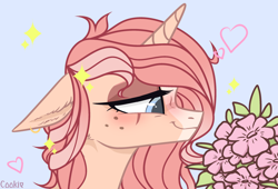 Size: 3000x2044 | Tagged: safe, artist:lazuli, derpibooru import, oc, oc only, pony, unicorn, blushing, bouquet, bust, commission, flower, freckles, heart, horn, signature, smiling, solo, unicorn oc, ych result