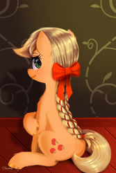 Size: 3000x4500 | Tagged: safe, artist:darksly, derpibooru import, applejack, earth pony, pony, alternate hairstyle, bow, braid, braided ponytail, chest fluff, cute, female, freckles, hair bow, hoof fluff, hoof shoes, jackabetes, looking at you, looking back, looking back at you, looking over shoulder, mare, ribbon, sitting
