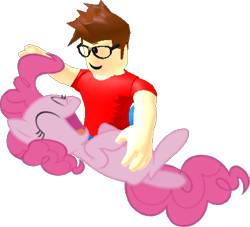 Size: 485x441 | Tagged: safe, derpibooru import, pinkie pie, oc, oc:anon, earth pony, pony, bellyrubs, roblox, simple background, tickling, transparent background