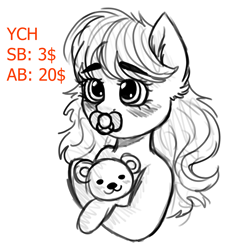 Size: 1841x1835 | Tagged: safe, artist:vaiola, derpibooru import, oc, pony, advertisement, auction, avatar, baby, baby pony, big eyes, blushing, bust, commission, cute, ear fluff, eyebrows, female, fluffy, hug, icon, long mane, mare, pacifier, portrait, shy, simple background, sketch, solo, teddy bear, ych sketch, your character here