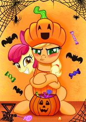 Size: 2000x2833 | Tagged: safe, artist:theretroart88, derpibooru import, apple bloom, applejack, earth pony, pony, adorabloom, apple sisters, applejack is not amused, blushing, candy, clothes, costume, cute, duo, female, food, halloween, halloween costume, holiday, jackabetes, pumpkin, pumpkin bucket, siblings, sisters, tsundere, tsunjack, unamused