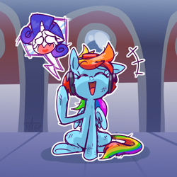 Size: 1024x1024 | Tagged: safe, artist:thegreatrouge, derpibooru import, rainbow dash, rarity, pegasus, pony, unicorn, charles calvin, crying, cute, dashabetes, eyes closed, female, floppy ears, headphones, henry stickmin, henry stickmin collection, hero, mare, open mouth, sacrifice, sad, space, tears of pain, this will end in death, this will end in tears, this will end in tears and/or death, valiant hero