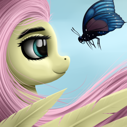 Size: 3000x3000 | Tagged: safe, artist:palibrik, derpibooru import, fluttershy, butterfly, pegasus, pony, cute, feather, female, looking at each other, mare, shyabetes, smiling