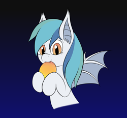 Size: 2960x2742 | Tagged: safe, artist:wapamario63, oc, oc only, bat pony, pony, bat ponified, bat wings, female, food, gradient background, half body, mango, mare, solo, ych result, your character here