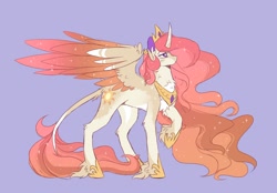 Size: 2246x1559 | Tagged: safe, artist:dazzledoves, artist:idiot__baby, derpibooru import, princess celestia, alicorn, pony, alternate color palette, chest fluff, coat markings, colored wings, curved horn, cutie mark, female, horn, jewelry, leonine tail, mare, multicolored wings, raised hoof, regalia, side view, simple background, solo, spread wings, tail fluff, unshorn fetlocks, wings