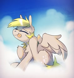 Size: 1066x1129 | Tagged: safe, artist:anticular, derpibooru import, derpy hooves, pegasus, pony, behaving like a dog, chest fluff, cloud, cute, derpabetes, ear fluff, ear scratch, eyes closed, female, leg fluff, mare, mlem, on a cloud, scratching, silly, sitting, sky, solo, tongue out