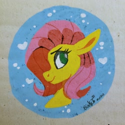 Size: 3024x3024 | Tagged: safe, artist:binkyt11, derpibooru exclusive, derpibooru import, fluttershy, pegasus, pony, bust, cardboard, female, heart, long ears, mare, solo, traditional art