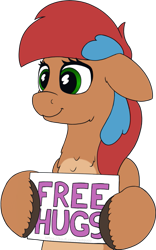 Size: 625x1000 | Tagged: safe, artist:redquoz, derpibooru import, oc, oc only, oc:allegra mazarine, pegasus, blue mane, brown feathers, chest fluff, colored hooves, cowlick, cream feathers, female, free hugs, green eyes, hidden wings, holding sign, mare, pegasus oc, red mane, sign, simple background, smiling, solo, torso, transparent background, two toned mane, wings