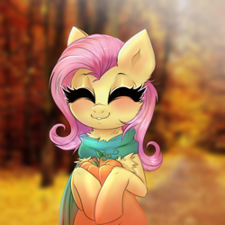 Size: 2500x2500 | Tagged: safe, artist:confetticakez, derpibooru import, fluttershy, pegasus, pony, autumn, blushing, cheek fluff, chest fluff, clothes, cute, eyes closed, female, mare, pumpkin, scarf, shyabetes, smiling, solo, weapons-grade cute