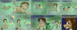 Size: 3724x1480 | Tagged: safe, artist:jitterbugjive, derpibooru import, derpy hooves, doctor whooves, earth pony, pegasus, pony, amnesia, bed, butter, comic, crossover, doctor who, eyes closed, female, first meeting, food, hybrid pony, implied regeneration, male, mare, muffin, necktie, origins, silurian, sleeping, space, stallion, the doctor, time lord, tumblr comic