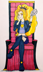 Size: 375x625 | Tagged: safe, artist:metalamethyst, derpibooru import, adagio dazzle, equestria girls, alternate costumes, boots, crossed legs, evil grin, grin, hand on head, jojo's bizarre adventure, phantom blood, shoes, sitting, smiling, smug, spiked headband, spiked wristband, stone mask, the dazzlings, throne, traditional art, wristband