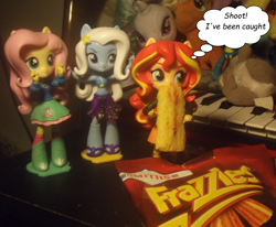 Size: 1500x1237 | Tagged: safe, artist:grapefruitface1, derpibooru import, fluttershy, sunset shimmer, trixie, equestria girls, caught, chips, doll, equestria girls minis, food, frazzles, implied eating, photography, toy