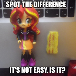 Size: 1200x1200 | Tagged: safe, artist:grapefruitface1, derpibooru import, sunset shimmer, equestria girls, chips, doll, equestria girls minis, food, frazzles, meme, photography, solo, spot the difference, toy