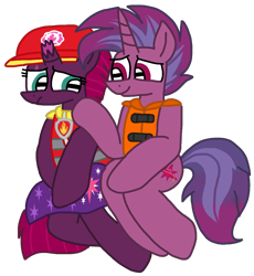 Size: 986x1073 | Tagged: safe, artist:徐詩珮, derpibooru import, fizzlepop berrytwist, tempest shadow, oc, oc:transparent (tempest's father), series:sprglitemplight diary, series:sprglitemplight life jacket days, series:springshadowdrops diary, series:springshadowdrops life jacket days, aid marshall (paw patrol), alternate universe, clothes, father and child, father and daughter, female, lifejacket, male, marshall (paw patrol), parent and child, paw patrol, sad, simple background, transparent background