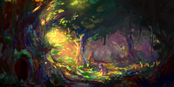 Size: 1440x720 | Tagged: safe, artist:plainoasis, derpibooru import, twilight sparkle, pony, forest, scenery, scenery porn, solo, sunlight, tree, vine