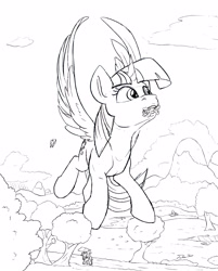 Size: 2006x2500 | Tagged: safe, artist:tsitra360, derpibooru import, applejack, big macintosh, twilight sparkle, twilight sparkle (alicorn), alicorn, earth pony, pony, behaving like a bird, flying, hat, holding a pony, interpretation, macro, monochrome, mountain, mouth hold, mouthpiece, size difference, tree