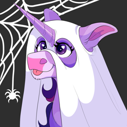 Size: 1000x1000 | Tagged: safe, artist:uunicornicc, twilight sparkle, pony, spider, clothes, costume, cute, female, ghost costume, halloween, halloween costume, heart eyes, holiday, mare, solo, spider web, tongue out, twiabetes, wingding eyes