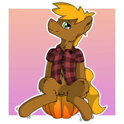 Size: 2400x2400 | Tagged: safe, artist:tav, derpibooru import, oc, oc:mox, pony, clothes, featureless crotch, food, shirt, sitting, smiling, solo