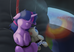 Size: 2000x1405 | Tagged: safe, artist:crabs_of_steam, derpibooru import, smarty pants, twilight sparkle, pony, unicorn, colored, destruction, doll, duo, eyes closed, female, filly, monitor, planet, science fiction, screen, shelter, sleeping, space, toy