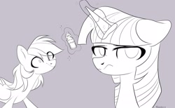 Size: 2600x1600 | Tagged: safe, artist:shiny-dust, artist:xavier12197359, derpibooru import, rainbow dash, twilight sparkle, pegasus, pony, duo, levitation, magic, monochrome, sketch, telekinesis, vial, wip