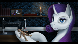 Size: 3920x2205 | Tagged: safe, artist:dezdark, derpibooru import, rarity, pony, unicorn, bookshelf, bust, candle, curved horn, female, horn, mare, portrait, sewing machine, solo, solo female, voodoo doll, wallpaper