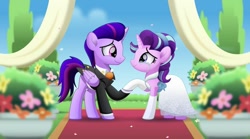 Size: 800x445 | Tagged: safe, artist:jhayarr23, derpibooru import, starlight glimmer, oc, oc:stardust sparkle, alicorn, pony, canon x oc, clothes, dress, male, marriage, stallion, suit, wedding, wedding dress