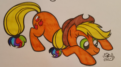 Size: 838x465 | Tagged: safe, artist:strudelgoodness, derpibooru import, applejack, earth pony, frog, pony, solo, traditional art