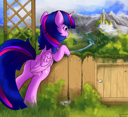 Size: 2048x1883 | Tagged: safe, artist:exploretheweb, derpibooru import, twilight sparkle, twilight sparkle (alicorn), alicorn, pony, butt, female, fence, mare, mountain, plot, river, scenery, solo, tree, twibutt, water