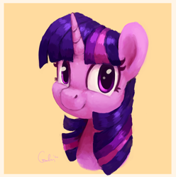 Size: 2676x2700 | Tagged: safe, artist:aemantaslim, derpibooru import, twilight sparkle, pony, bust, cute, female, high res, mare, portrait, simple background, solo, twiabetes, yellow background