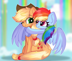 Size: 4694x4020 | Tagged: safe, artist:janelearts, derpibooru import, applejack, rainbow dash, earth pony, pegasus, pony, appledash, applejack's hat, cowboy hat, cute, dashabetes, eye clipping through hair, eyebrows visible through hair, female, freckles, hat, hug, jackabetes, lesbian, looking at each other, mare, one eye closed, rainbow waterfall, shipping, sitting, smiling