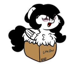 Size: 3250x2688 | Tagged: safe, artist:kimjoman, derpibooru import, part of a set, oc, oc:marie, pegasus, pony, box, commission, cute, female, filly, fluffy, happy, mare, pony in a box, simple background, solo, transparent background, wings, ych result