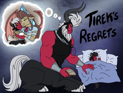 Size: 2048x1536 | Tagged: safe, artist:melspyrose, derpibooru import, lord tirek, queen haydon, oc, oc:prince torak, centaur, gargoyle, spoiler:comic, bed, bracer, cloven hooves, colored hooves, dream, eyes closed, father and child, father and son, male, nose piercing, nose ring, parent and child, piercing, sleeping, thinking