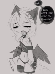 Size: 1508x2048 | Tagged: safe, artist:magnaluna, derpibooru import, princess luna, alicorn, pony, semi-anthro, belly button, clothes, eyes closed, gray background, hoof shoes, jewelry, open mouth, pillow, regalia, simple background, sleepy, socks, striped socks, striped underwear, tired, underwear