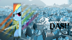 Size: 1920x1080 | Tagged: safe, artist:chadbeats, artist:theaceofspadez, derpibooru import, rainbow dash, pegasus, pony, ponyville, solo, text, wallpaper