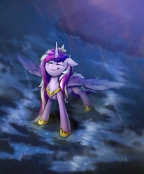 Size: 579x701 | Tagged: safe, artist:breakdream, artist:breakdream_art, derpibooru import, princess cadance, alicorn, pony, chest fluff, cute, cutedance, eyebrows visible through hair, eyes closed, female, mare, rain, smiling, solo, spread wings, water, wet, wet mane, wings