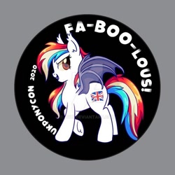 Size: 600x600 | Tagged: safe, artist:avui, derpibooru import, oc, oc:britannia (uk ponycon), bat pony, deviantart watermark, metallic button, obtrusive watermark, solo, uk ponycon, watermark, with text