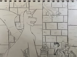 Size: 3609x2706 | Tagged: safe, derpibooru import, daring do, oc, oc:blank page, alicorn, pegasus, sketch, statue, thestral, torch, traditional art