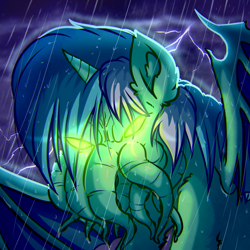 Size: 4000x4000 | Tagged: safe, artist:witchtaunter, derpibooru import, lyra heartstrings, alicorn, pony, bat wings, cthulhu, cthulhu mythos, ear fluff, glowing eyes, halloween, holiday, lightning, rain, solo, storm, tentacles, wet, wet mane, wings