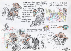 Size: 2900x2068 | Tagged: safe, artist:grimmyweirdy, derpibooru import, oc, oc:glyph, oc:grim w. stripes, oc:mivera, pony, zebra, comic:grims weird adventures, bag, canteen, compass, hat, knife, map, ruins, saddle bag, tattoo, tourist, traditional art, zebra oc