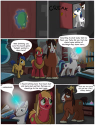 Size: 1300x1712 | Tagged: safe, artist:cactuscowboydan, derpibooru import, big macintosh, flash sentry, shining armor, trouble shoes, earth pony, pegasus, pony, unicorn, comic:the birth of speedy hooves, basement, book, clydesdale, comic, commissioner:bigonionbean, cutie mark, dialogue, door, dresser, fusion, hat, laboratory, magic, male, potion, stallion, underground, writer:bigonionbean