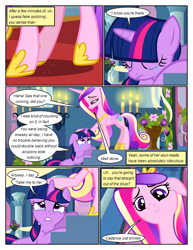 Size: 612x792 | Tagged: safe, artist:newbiespud, derpibooru import, edit, edited screencap, screencap, princess cadance, twilight sparkle, unicorn twilight, alicorn, pony, unicorn, comic:friendship is dragons, candle, comic, dialogue, eyelashes, eyes closed, female, hoof shoes, looking down, looking up, mare, raised hoof, screencap comic