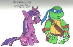 Size: 1251x811 | Tagged: safe, artist:cmara, derpibooru import, twilight sparkle, twilight sparkle (alicorn), alicorn, anthro, pony, turtle, bandana, duo, female, leonardo, male, mare, open mouth, simple background, sitting, teenage mutant ninja turtles, tmnt 2012, traditional art, white background