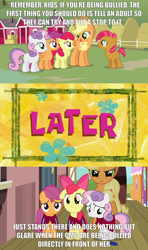 Size: 2000x3375 | Tagged: safe, derpibooru import, edit, edited screencap, screencap, apple bloom, applejack, babs seed, scootaloo, sweetie belle, earth pony, pegasus, pony, unicorn, one bad apple, angry, applejack's hat, cape, caption, clothes, cmc cape, comic, cowboy hat, cutie mark crusaders, female, filly, friendship express, glare, hat, image macro, impact font, later, mare, meme, pouting, sad, screencap comic, smiling, spongebob time card, sweet apple acres, text, train, train station