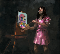 Size: 800x722 | Tagged: safe, artist:nemo2d, derpibooru import, fluttershy, human, clothes, dress, easel, oldfag, painting, self deprecation, smoking